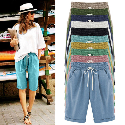 BLEUS RÊVES - Bermudas en Coton pour Femme avec Taille Élastique et Cordon de Serrage, Longueur Genou, Confort Casual