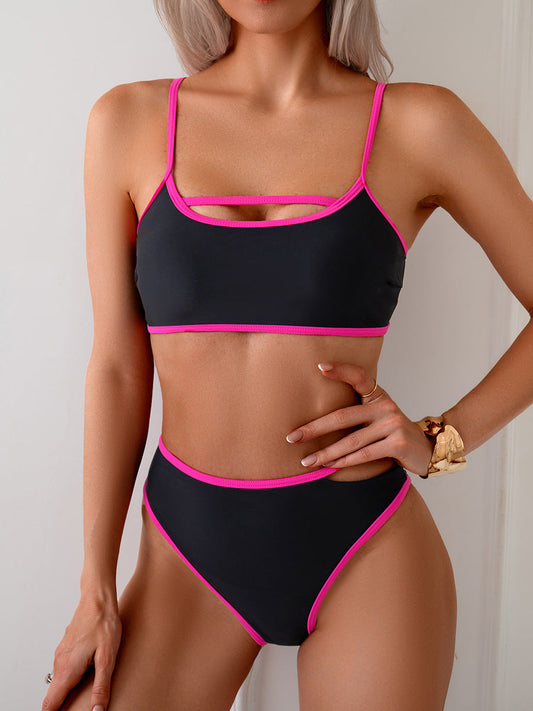 Bikini Femme BLEUS RÊVES - Maillot de Bain Hauts Taille Haute Color Block Sexy avec Découpes – Maillot de Bain Deux Pièces Sportif