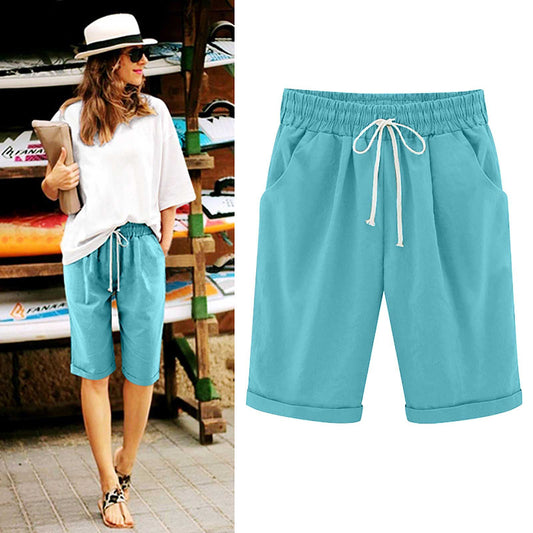 BLEUS RÊVES - Bermudas en Coton pour Femme avec Taille Élastique et Cordon de Serrage, Longueur Genou, Confort Casual